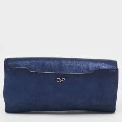 Pre Owned Diane Von Furstenberg Blue Glitter Suede Multicolor Leather Clutch