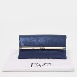 Pre Owned Diane Von Furstenberg Blue Glitter Suede Multicolor Leather Clutch