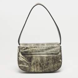 Pre Owned Diesel Crystal Embellished 1DR Olive Green/White Leather Shoulder Bag
