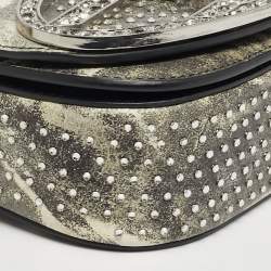 Pre Owned Diesel Crystal Embellished 1DR Olive Green/White Leather Shoulder Bag