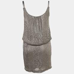 Dina Bar-El Silver Sequin Silk Sleeveless Mini Dress S