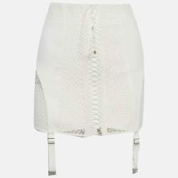 Pre Owned تنورة ديون لي ميني برباط دانتيل وغبردين أبيض مقاس صغير (سمول)