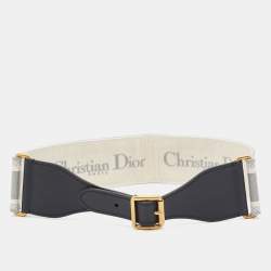 Dior Grey/Black Logo Embroidered Canvas And Black Leather Saddle Belt 80CM