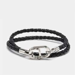 Dior CD Icon Braided Leather Silver Tone Double Bracelet
