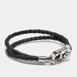 Dior CD Icon Braided Leather Silver Tone Double Bracelet