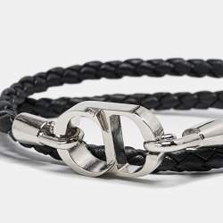 Dior CD Icon Braided Leather Silver Tone Double Bracelet
