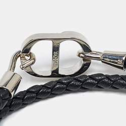 Dior CD Icon Braided Leather Silver Tone Double Bracelet