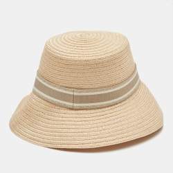 Pre Owned Christian Dior Beige Logo Detail Hemp Straw Dioresort Hat Size 58