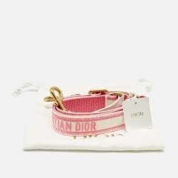 Pre Owned Dior Neon Pink/White Embroidered Canvas and Leather Bag Shoulder Strap