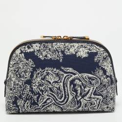 Pre Owned Dior 30 Montaigne Toile de Jouy Reverse Beauty Pouch Navy Blue Canvas