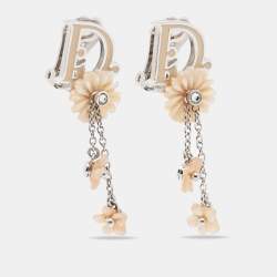 Pre Owned  Dior Floral Enamel Resin Crystals SIlver Tone Clip On Earrings