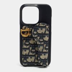Dior Navy Blue/Beige Oblique Jacquard and Leather Saddle iPhone 14 Pro Case