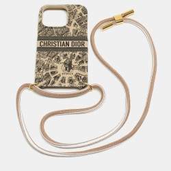 Pre Owned Dior Beige/Black Leather Diortravel iPhone 14 Pro Cord Case
