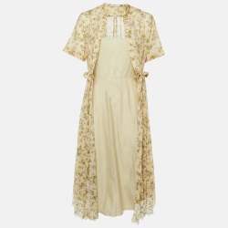 مملوكة مسبقًا Dior Beige Floral Print Cotton Lace Trim Midi Dress M