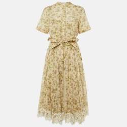 Pre Owned Dior Beige Floral Print Cotton Lace Trim Midi Dress M