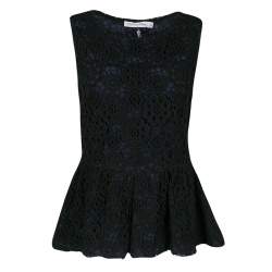 Pre Owned Dior Navy Blue and Black Floral Lace Overlay Sleeveless Peplum Top L