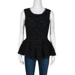 Pre Owned Dior Navy Blue and Black Floral Lace Overlay Sleeveless Peplum Top L