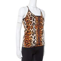 Pre Owned Dior Brown Leopard Print Knit Pleat Front Tank Top L
