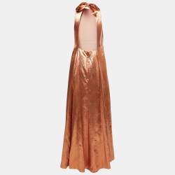 Christian Dior Orange Texture Lurex Halter Neck Gown M