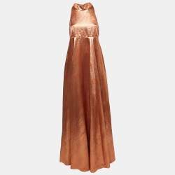 Christian Dior Orange Texture Lurex Halter Neck Gown M