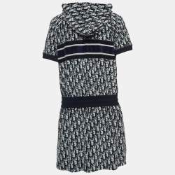 Pre Owned Christian Dior Navy Blue Oblique Terry Cotton Hooded Mini Dress L