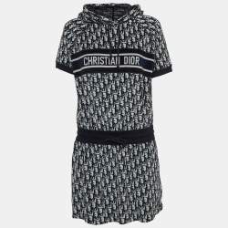 Pre Owned Christian Dior Navy Blue Oblique Terry Cotton Hooded Mini Dress L