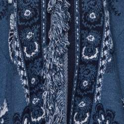 Pre Owned Dior Navy Blue Wool Jacquard Fringed Poncho S
