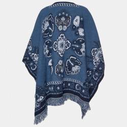Pre Owned Dior Navy Blue Wool Jacquard Fringed Poncho S
