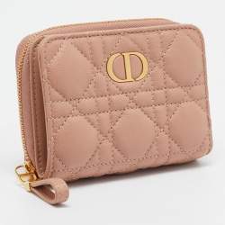 Pre Owned Dior Beige Cannage Leather Caro Zip Compact Wallet