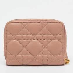 Pre Owned Dior Beige Cannage Leather Caro Zip Compact Wallet