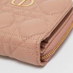 Pre Owned Dior Beige Cannage Leather Caro Zip Compact Wallet