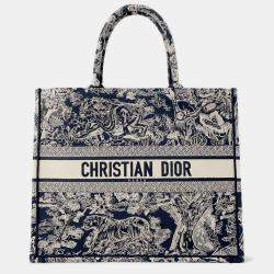 Pre Owned Dior Navy Blue/White Reverse Toile de Jouy Canvas Book Tote Bag