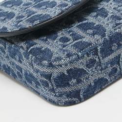 Pre Owned Dior Blue Oblique Denim Medium Chain Saddle Pouch