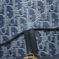 Pre Owned Dior Blue Oblique Denim Medium Chain Saddle Pouch