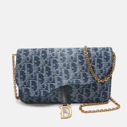 Pre Owned Dior Blue Oblique Denim Medium Chain Saddle Pouch