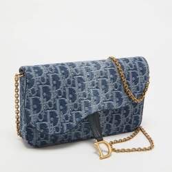 Pre Owned Dior Blue Oblique Denim Medium Chain Saddle Pouch