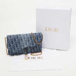 Pre Owned Dior Blue Oblique Denim Medium Chain Saddle Pouch