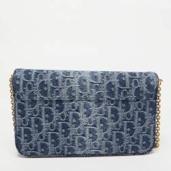 Pre Owned Dior Blue Oblique Denim Medium Chain Saddle Pouch