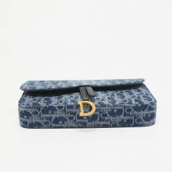Pre Owned Dior Blue Oblique Denim Medium Chain Saddle Pouch