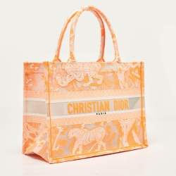 Dior Neon Orange Toile De Jouy Embroidered Mesh Medium Book Tote