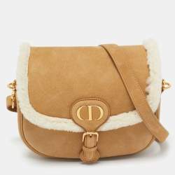 Pre Owned Dior Brown/Off White Suede and Shearling Medium Bobby Shoulder Bag