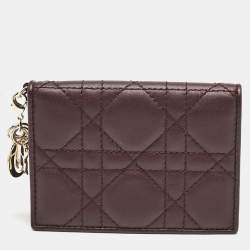Pre Owned Dior Burgundy Cannage Leather Lady Dior Flap Card Case