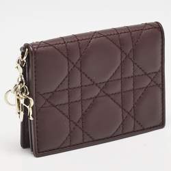 Pre Owned Dior Burgundy Cannage Leather Lady Dior Flap Card Case