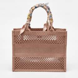 Pre Owned Dior Clay Pink Mesh Embroidered Fabric Medium Book Tote