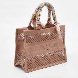 Pre Owned Dior Clay Pink Mesh Embroidered Fabric Medium Book Tote