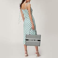 Pre Owned Dior Black/White Houndstooth Embroidered Canvas Medium Book Tote 