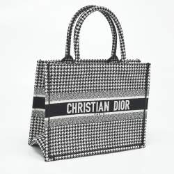 Pre Owned Dior Black/White Houndstooth Embroidered Canvas Medium Book Tote 
