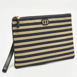 Pre Owned Dior Caro Daily Navy Blue/Beige Canvas and Raffia Pouch