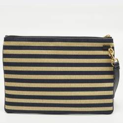 Pre Owned Dior Caro Daily Navy Blue/Beige Canvas and Raffia Pouch