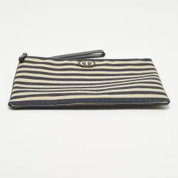 Pre Owned Dior Caro Daily Navy Blue/Beige Canvas and Raffia Pouch